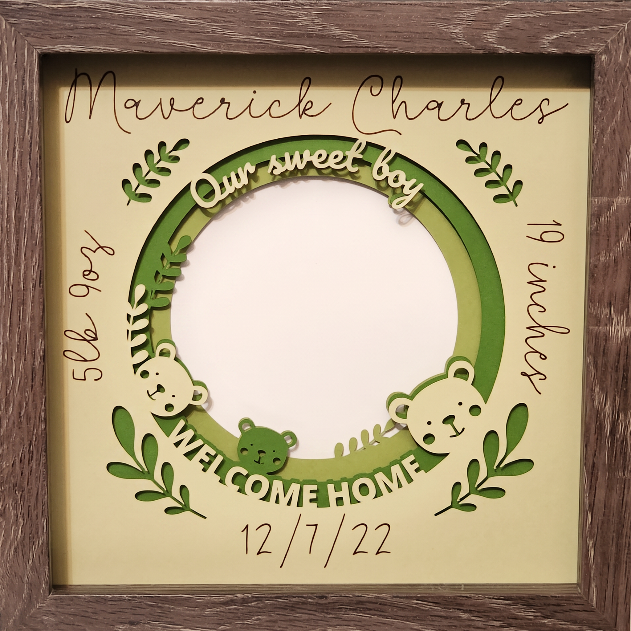 Personalized layered baby birth announcement frame in green with bears