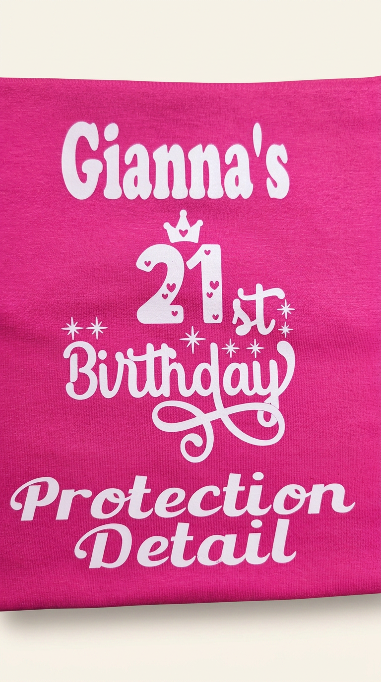 Pink birthday shirt with personalized name and protection detail lettering