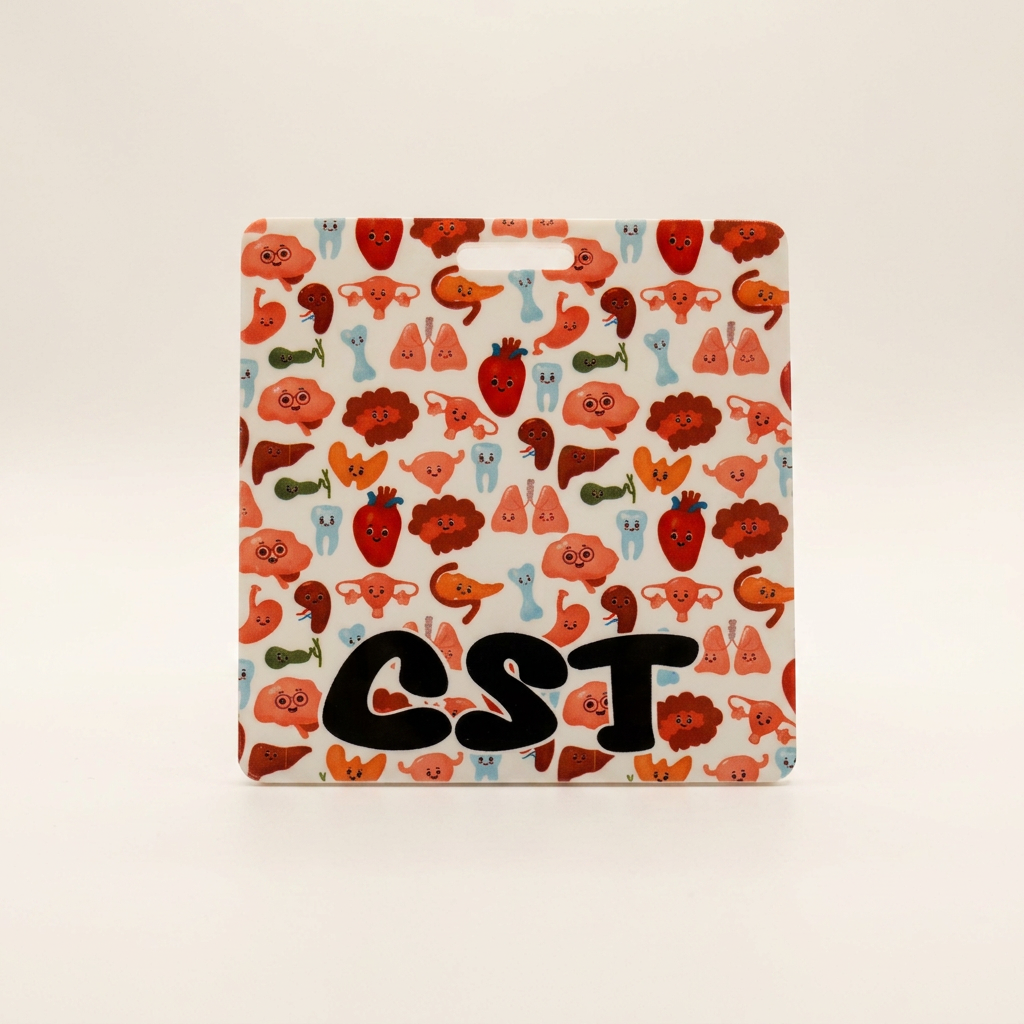 Printed badge buddy with cartoon anatomy pattern and CST lettering