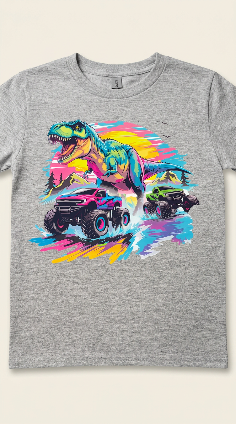 Grey youth t-shirt with neon T-rex and monster trucks print