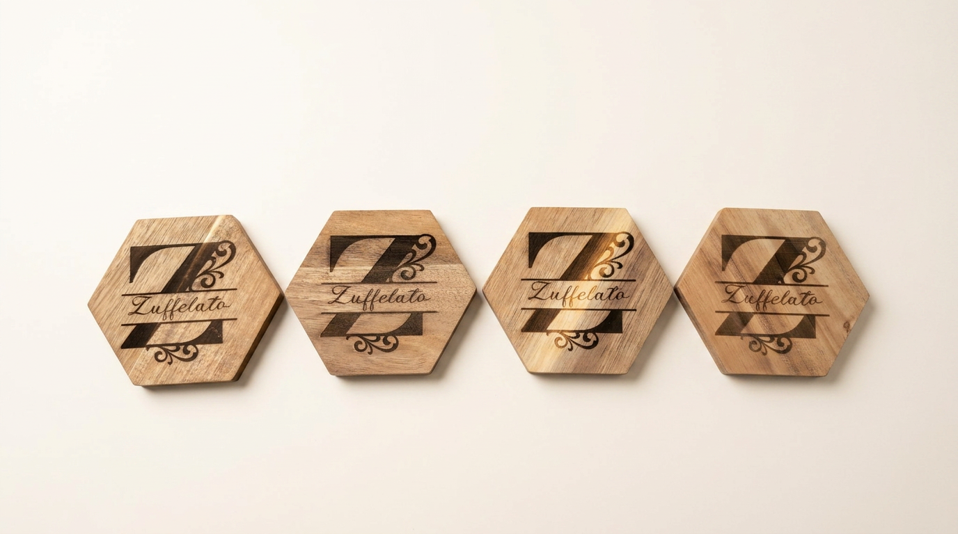 Set of four hexagon wood coasters engraved with a split monogram family name