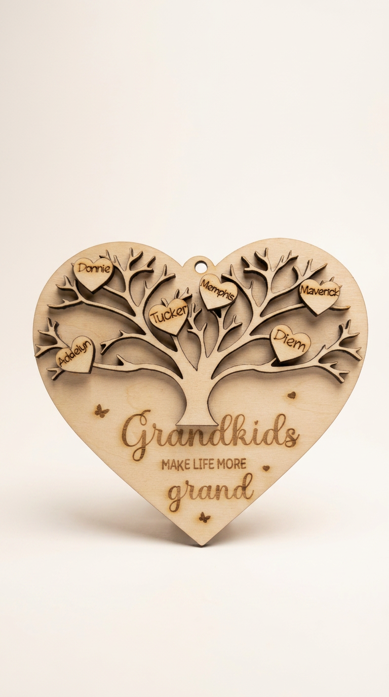 Laser cut wood heart family tree with engraved grandchildren names