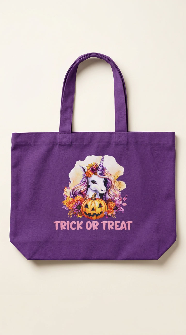 Purple canvas trick or treat tote bag with unicorn and pumpkin design