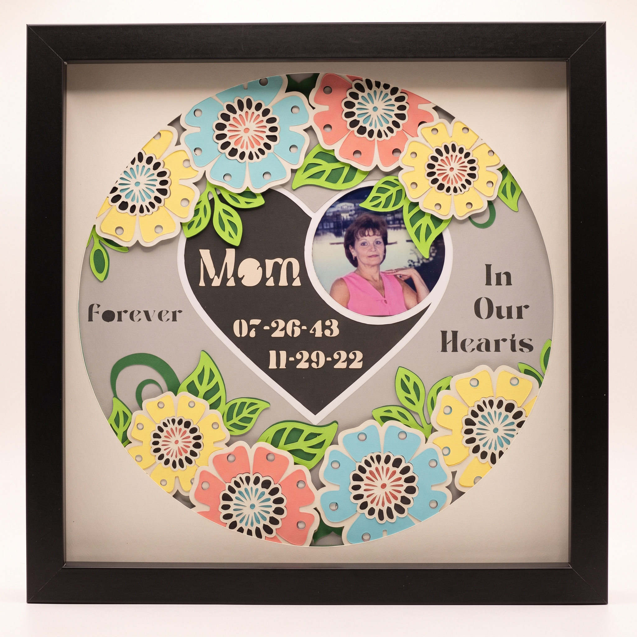 Close-up of the layered floral memorial shadow box with photo and dates