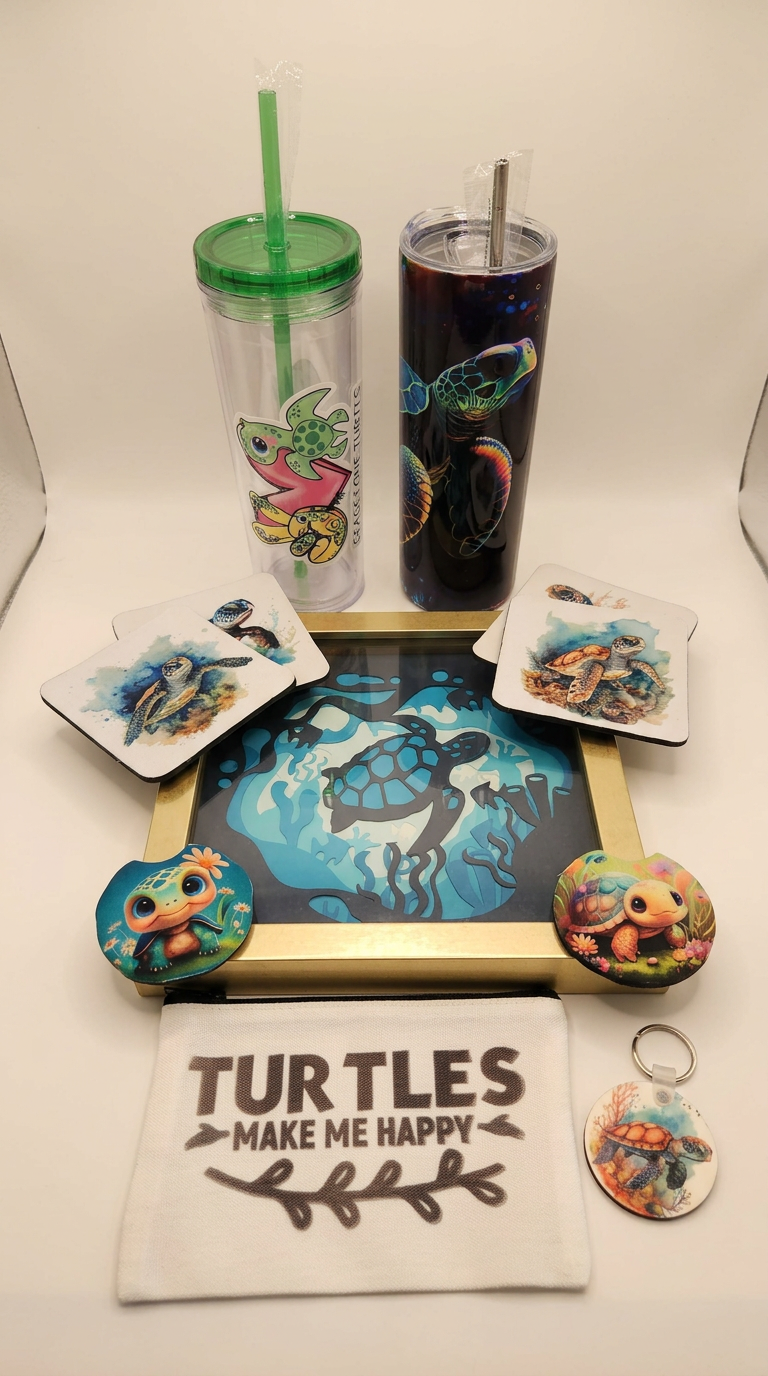 Sea turtle tumblers, coasters, framed paper art, pouch and keychain set