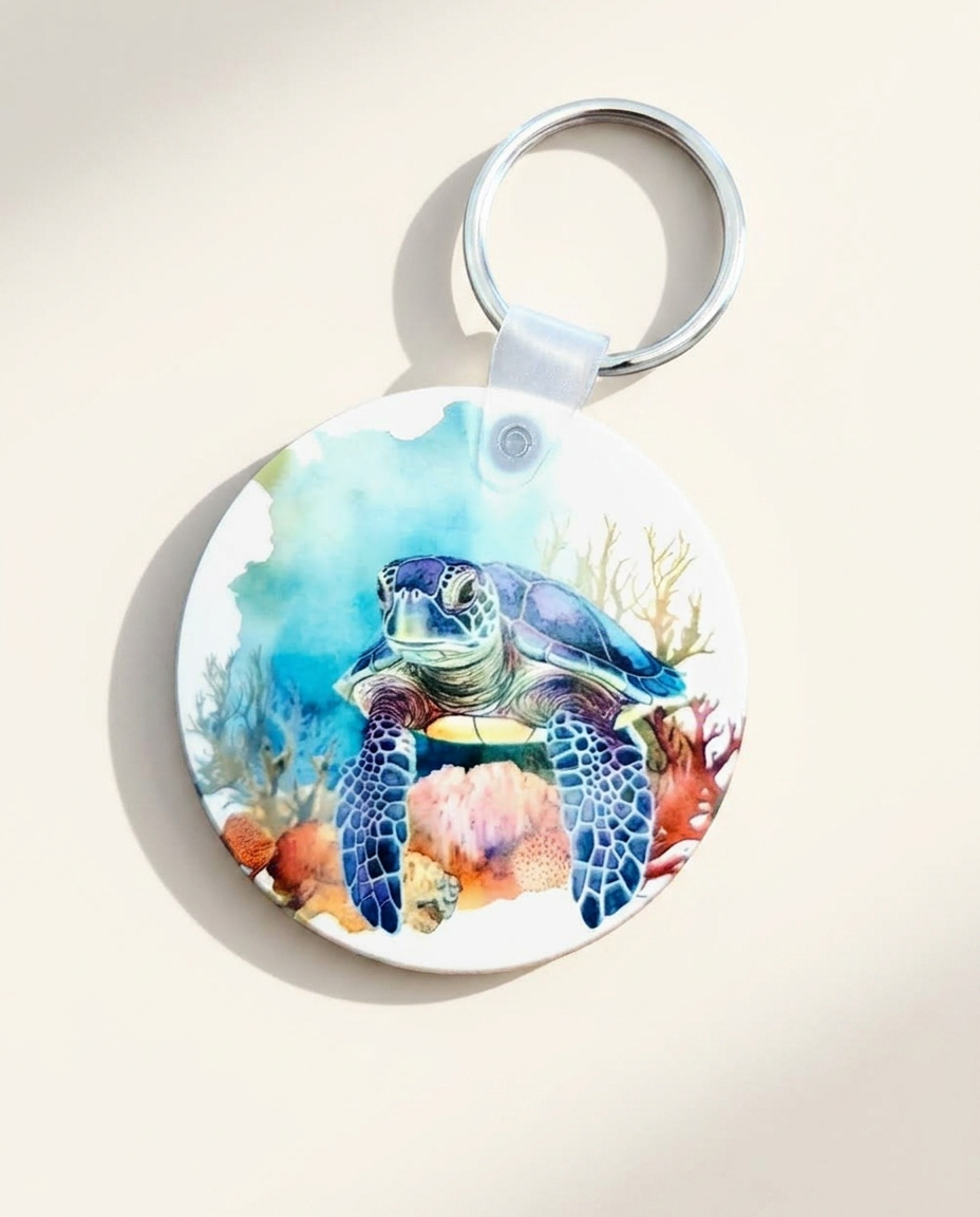 Round keychain with blue watercolor sea turtle and coral