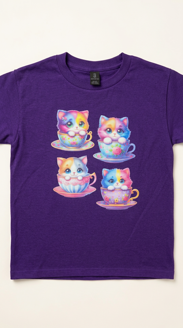 Purple youth t-shirt with four pastel teacup kitten prints