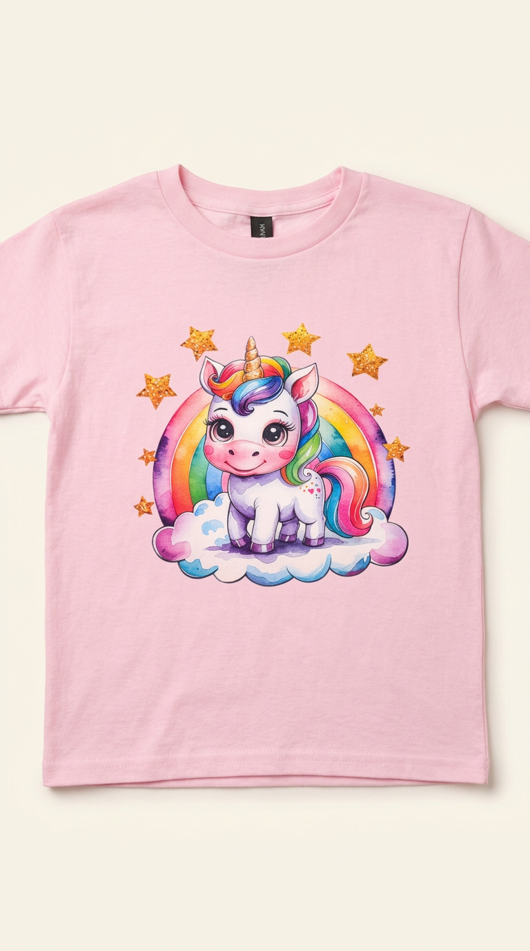 Pink youth t-shirt with rainbow unicorn and glitter stars